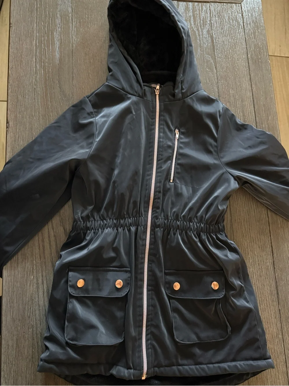 Girls Black Hooded Coat with Rose Gold Zipper - Size 12